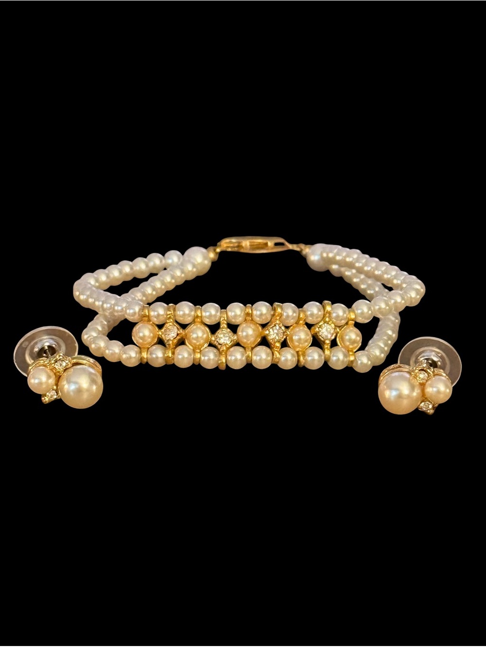 Vintage Jennifer Moore double strand faux pearl bracelet and earrings set